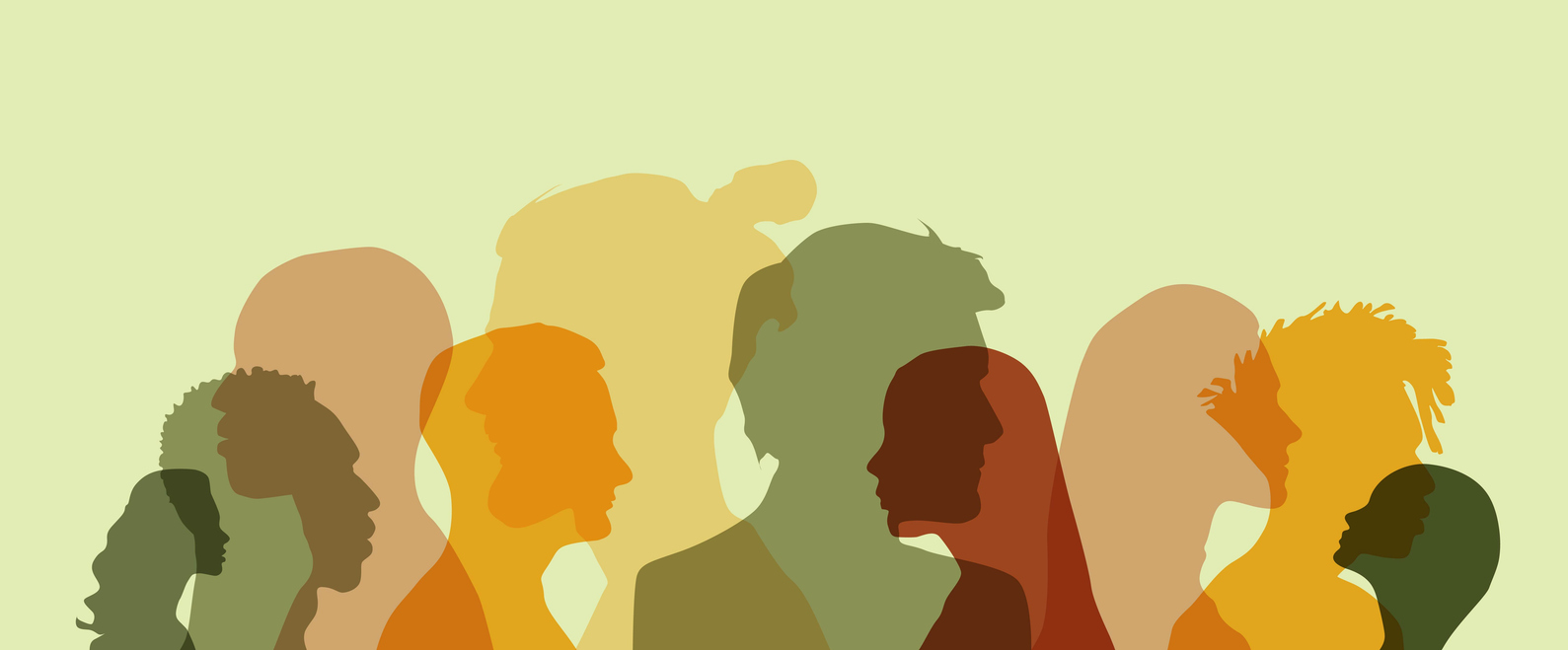 Illustratie van overlappende silhouetten van mensen in profiel, in warme gele, oranje, bruine en groene tinten.